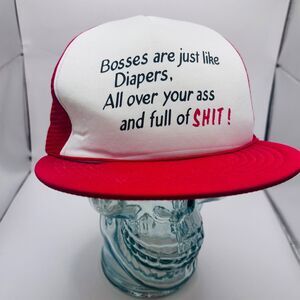 Vintage 80's A Boss Is Like A Diaper Hat Red White Snapback Trucker Cap novelty
